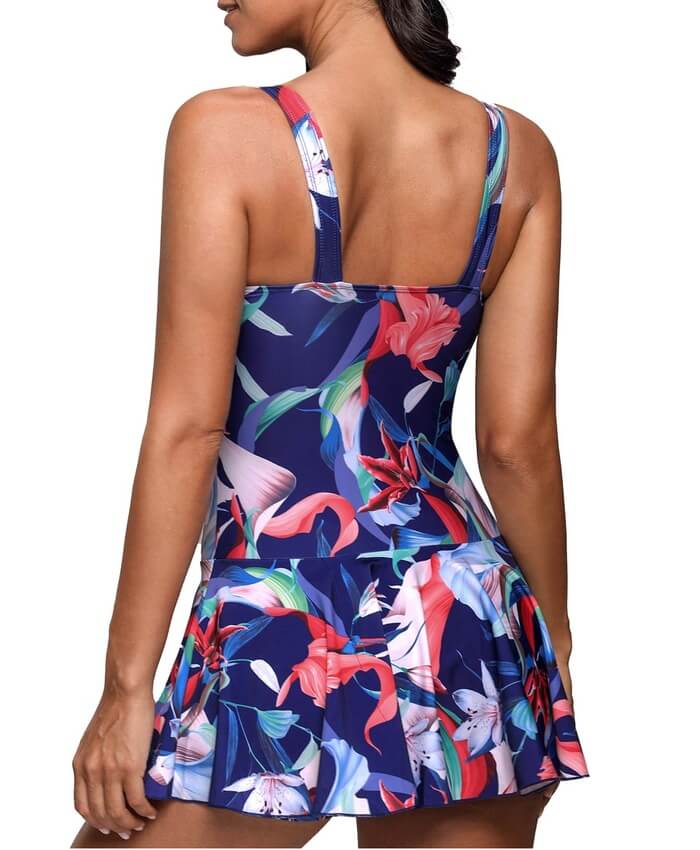 Printed Navy Blue Open Back One Piece Swimdress